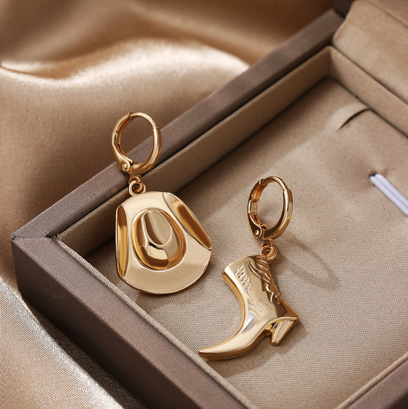 Western Denim Style Copper Geometric Earrings Goldplated