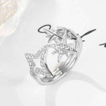 White Gold Plated Sterling Silver Zircon Hexagram Star Rings