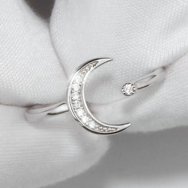 White Gold Plated Sterling Silver Zircon Moon Open Rings