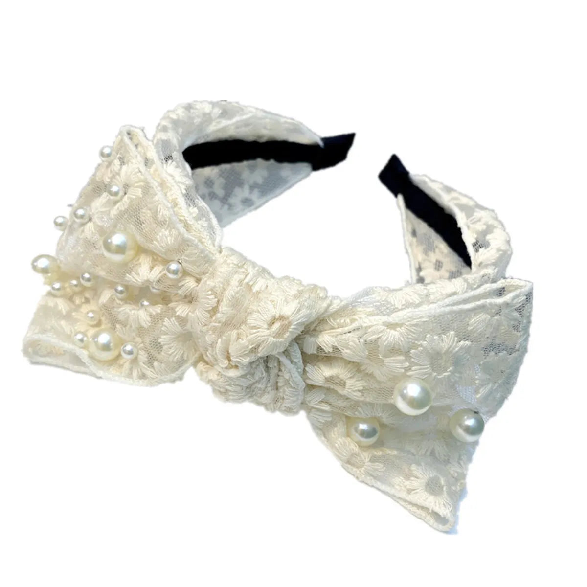 White Lace Bowknot  Pearl Korea Wide Side Knotted Headband