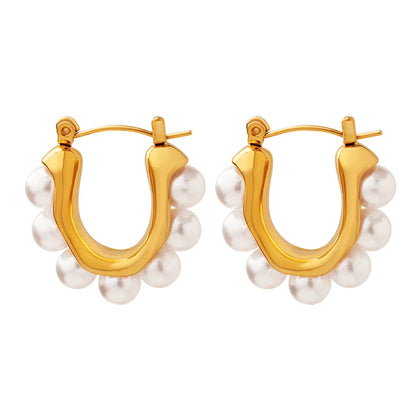 Wholesale 1 Pair Vacation Roman Style U Shape Titanium Steel 18k Gold Plated Pearl Hoop Earrings