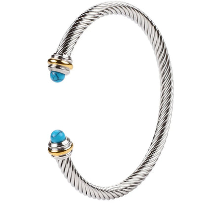 Simple Style C Shape Stainless Steel Inlay Artificial Crystal Turquoise Bangle