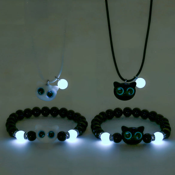 Wholesale Acrylic Beads Leather Rope Handmade Geometric Cute Kitten Luminous Couple Necklace And Bracelet Accessories