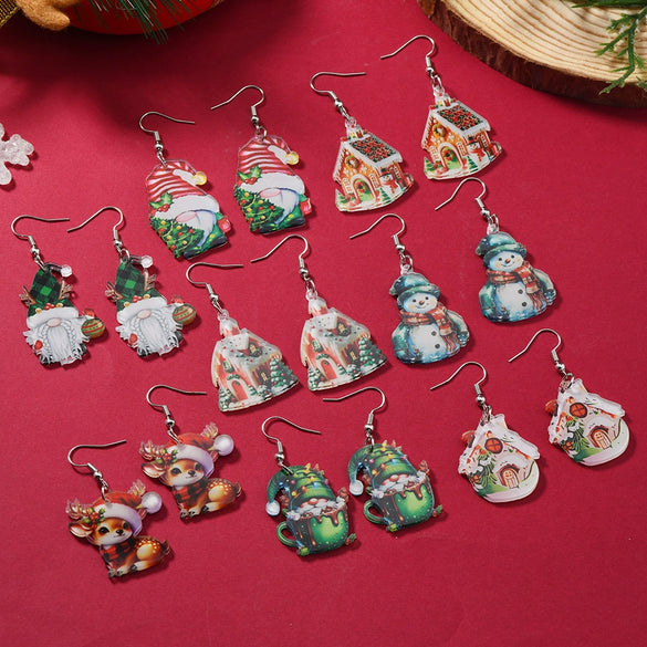 Wholesale Acrylic Christmas Cartoon Snowhouse Snowman Elk Doublesided Earrings