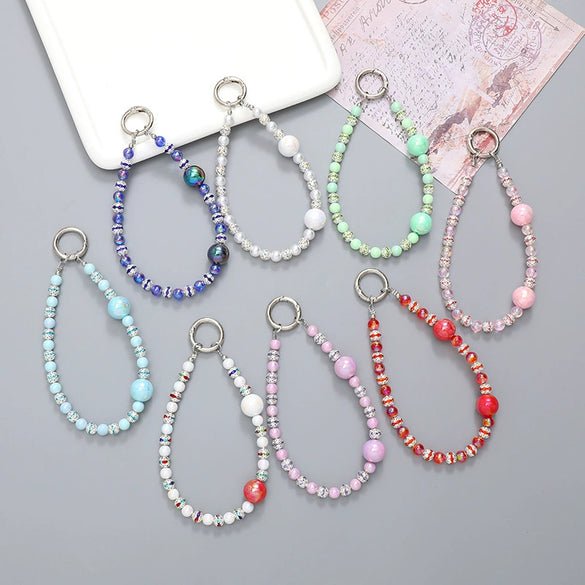 Wholesale Acrylic Light Luxury Solid Color Ab Beads Mobile Phone Pendant Electroplated Lanyard Wrist Strap