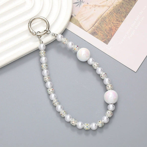 Wholesale Acrylic Light Luxury Solid Color Ab Beads Mobile Phone Pendant Electroplated Lanyard Wrist Strap