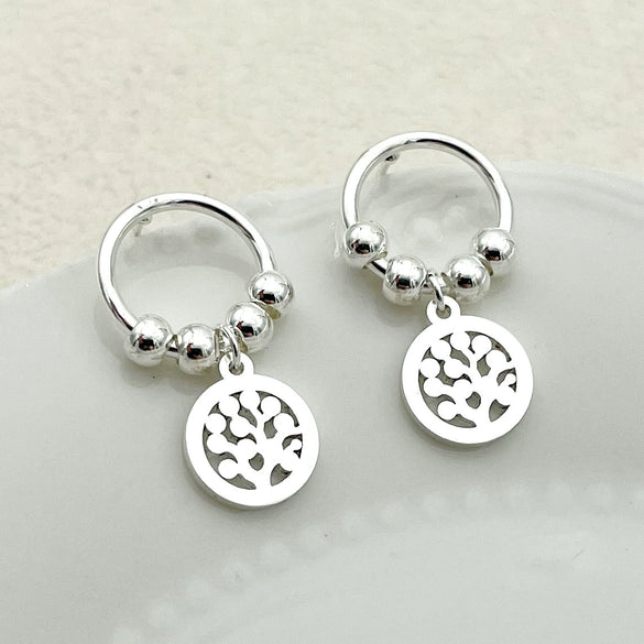 Wholesale Active Stainless Steel Geometric Earring With Life Tree Hollow Disc Design Electroplated For Women