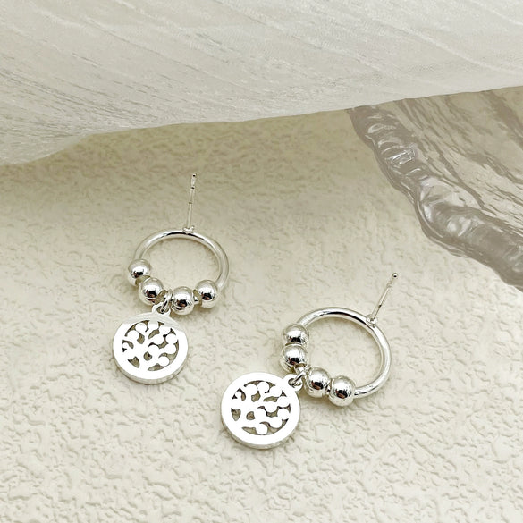Wholesale Active Stainless Steel Geometric Earring With Life Tree Hollow Disc Design Electroplated For Women