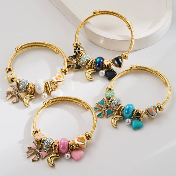 Wholesale Adjustable Beaded Bracelet With Bow And Moon Pendant For Women Stainless Steel Alloy Rhinestones Set With Diamonds Jewelry