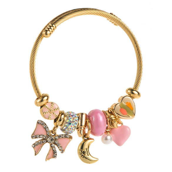 Wholesale Adjustable Beaded Bracelet With Bow And Moon Pendant For Women Stainless Steel Alloy Rhinestones Set With Diamonds Jewelry
