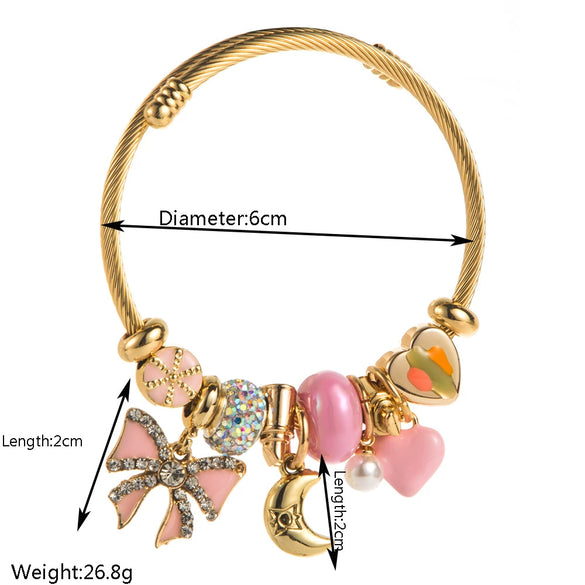 Wholesale Adjustable Beaded Bracelet With Bow And Moon Pendant For Women Stainless Steel Alloy Rhinestones Set With Diamonds Jewelry