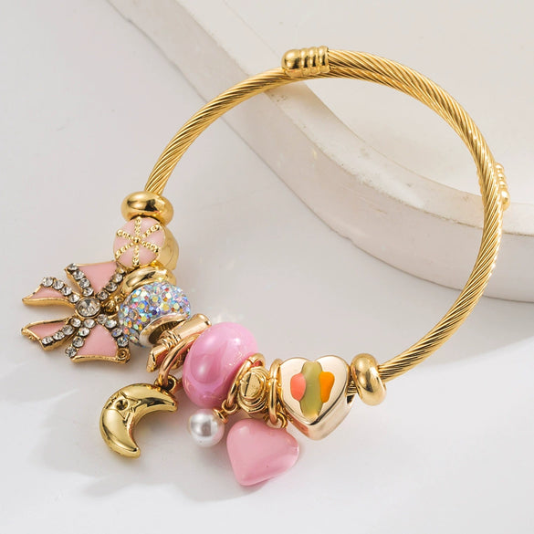 Wholesale Adjustable Beaded Bracelet With Bow And Moon Pendant For Women Stainless Steel Alloy Rhinestones Set With Diamonds Jewelry