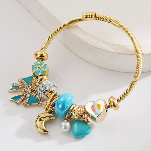 Wholesale Adjustable Beaded Bracelet With Bow And Moon Pendant For Women Stainless Steel Alloy Rhinestones Set With Diamonds Jewelry