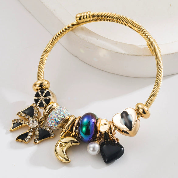 Wholesale Adjustable Beaded Bracelet With Bow And Moon Pendant For Women Stainless Steel Alloy Rhinestones Set With Diamonds Jewelry