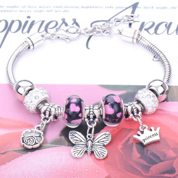 Wholesale Adjustable Beaded Bracelet With Butterfly Pendant For Girls Alloy Geometric Pattern Electroplated