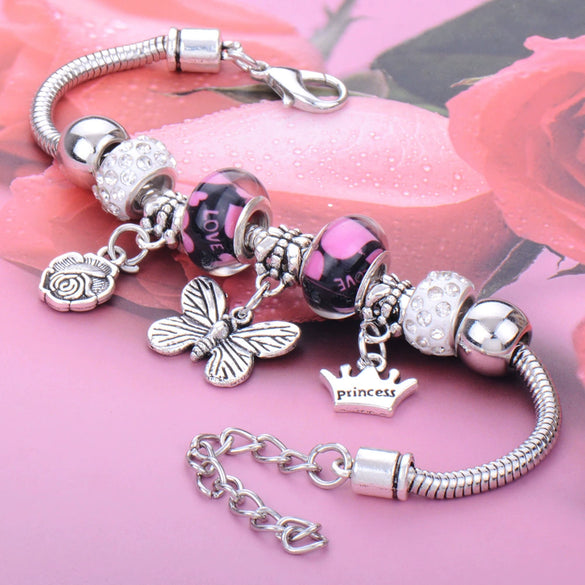 Wholesale Adjustable Beaded Bracelet With Butterfly Pendant For Girls Alloy Geometric Pattern Electroplated
