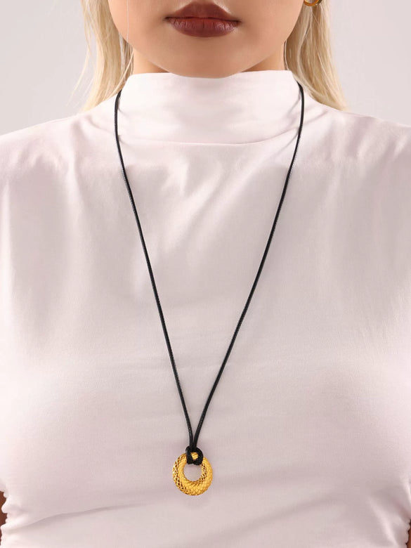 Wholesale Adjustable Black Leather Rope Sweater Chain With High Texture Embossed Round Stainless Steel Pendant Geometric Pattern Electroplated Jewelry For Women