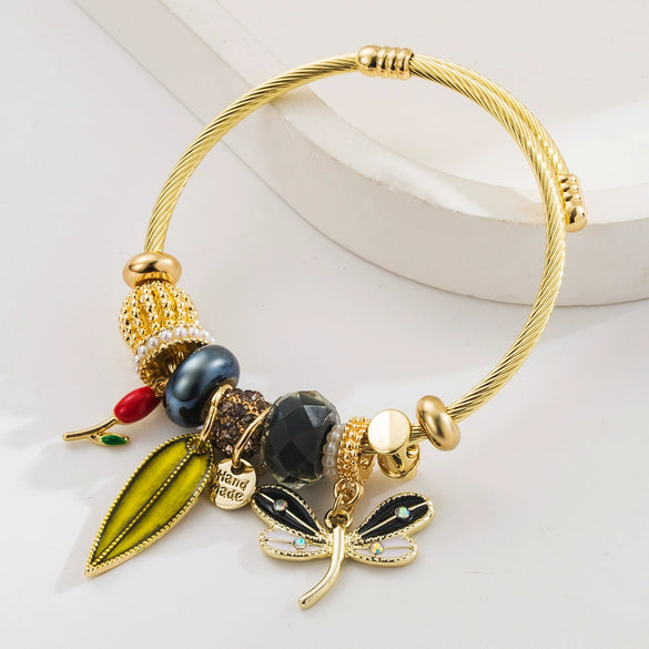 Wholesale Adjustable Couple Beaded Bracelet With Butterfly And Leaf Pendants Stainless Steel And Alloy Fashion Minimalist Set With Diamonds Women's