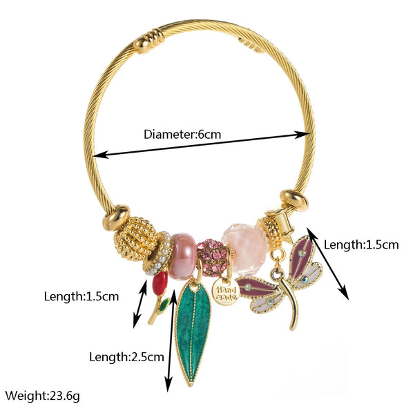 Wholesale Adjustable Couple Beaded Bracelet With Butterfly And Leaf Pendants Stainless Steel And Alloy Fashion Minimalist Set With Diamonds Women's