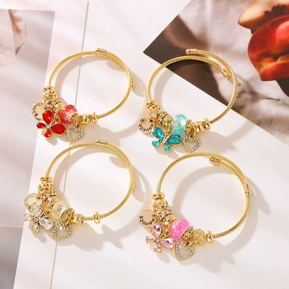 Wholesale Adjustable Couple Beaded Bracelet With Heart And Insect Patterns Made Of Stainless Steel And Alloy With Diamond Treatment For Women