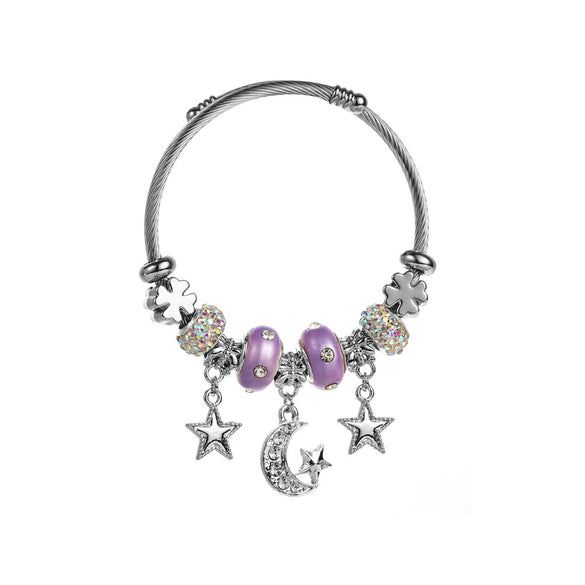 Wholesale Adjustable Couple Beaded Star Moon Pendant Bracelet In Stainless Steel And Alloy Set With Diamonds For Women