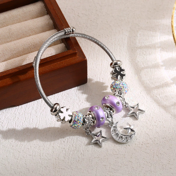 Wholesale Adjustable Couple Beaded Star Moon Pendant Bracelet In Stainless Steel And Alloy Set With Diamonds For Women