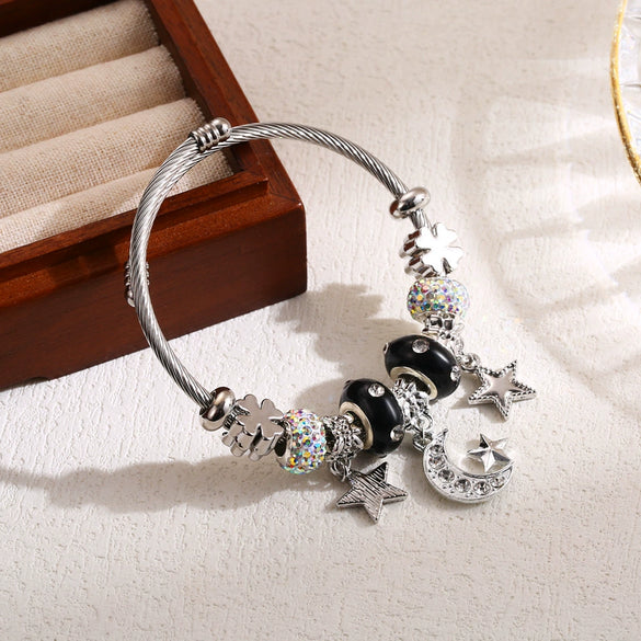 Wholesale Adjustable Couple Beaded Star Moon Pendant Bracelet In Stainless Steel And Alloy Set With Diamonds For Women