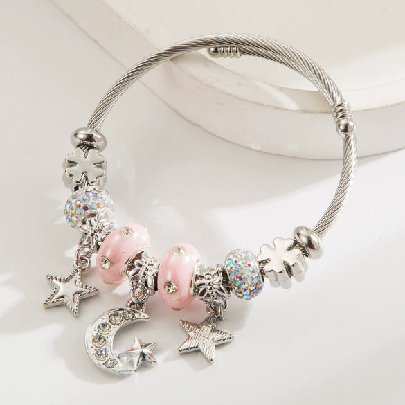 Wholesale Adjustable Couple Beaded Star Moon Pendant Bracelet In Stainless Steel And Alloy Set With Diamonds For Women