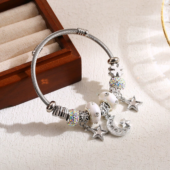 Wholesale Adjustable Couple Beaded Star Moon Pendant Bracelet In Stainless Steel And Alloy Set With Diamonds For Women