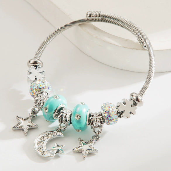 Wholesale Adjustable Couple Beaded Star Moon Pendant Bracelet In Stainless Steel And Alloy Set With Diamonds For Women