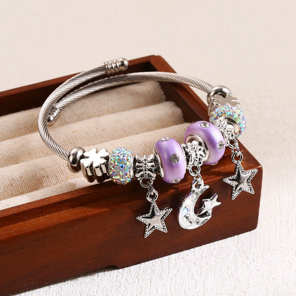 Wholesale Adjustable Couple Beaded Star Moon Pendant Bracelet In Stainless Steel And Alloy Set With Diamonds For Women