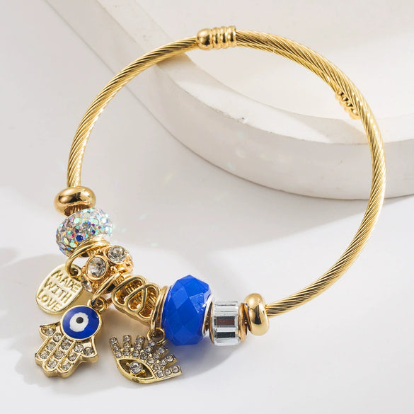 Wholesale Adjustable Diamond Letter Pendant Bracelet With Devil's Eye Pattern Alloy Material Set With Diamonds For Women