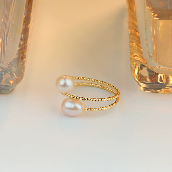Wholesale Adjustable Natural Pearl Ring Geometric Design Electroplated