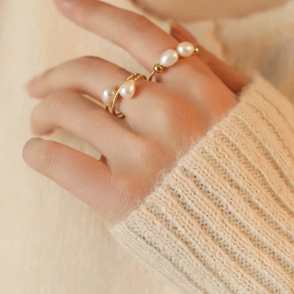 Wholesale Adjustable Natural Pearl Ring Geometric Design Electroplated