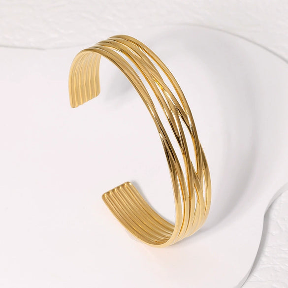Wholesale Adjustable Opening Stainless Steel Bracelet With Geometric Lines Electroplated For Women Simple Style Nonfading