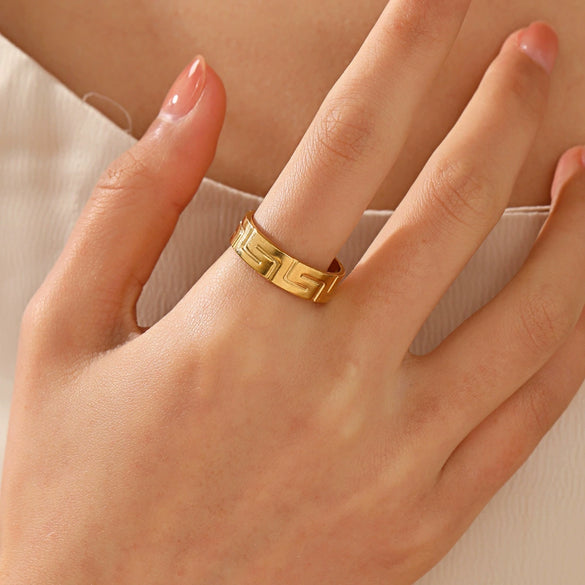 Wholesale Adjustable Opening Stainless Steel Ring For Women With Geometric Design And Real Gold Plating