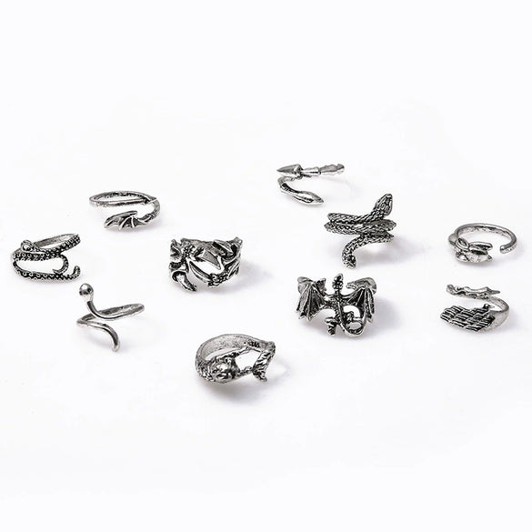 Wholesale Adjustable Retro Snake Shaped Bat Dragon Claw Animal Combination Ring Set In Alloy With Electroplating Treatment