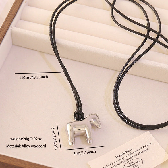 Wholesale Adjustable Sweater Chain Necklace With Geometric And Heart Shape Alloy Pendant And Black Braided Rope