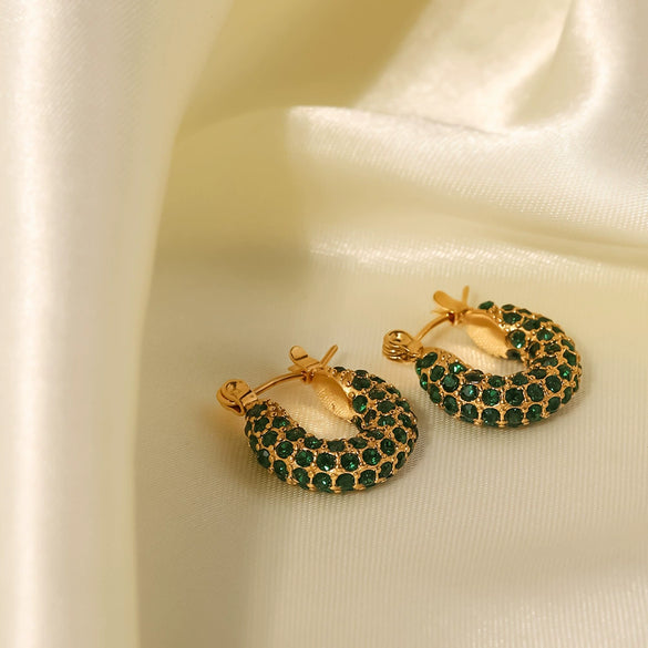 Wholesale All Match Women's Earrings Made Of 18K Gold Plated Stainless Steel With Inlaid Greenwhite Square Zircon And Geometric Design