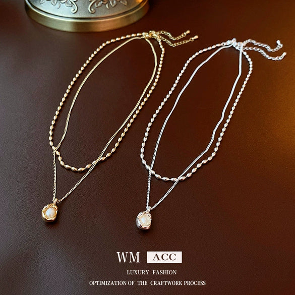 Wholesale Alloy And Copper Double Layer French Pleated Pearl Peas Clavicle Chain With Geometric Pattern And Electroplating Treatment Light Luxury Style For Women