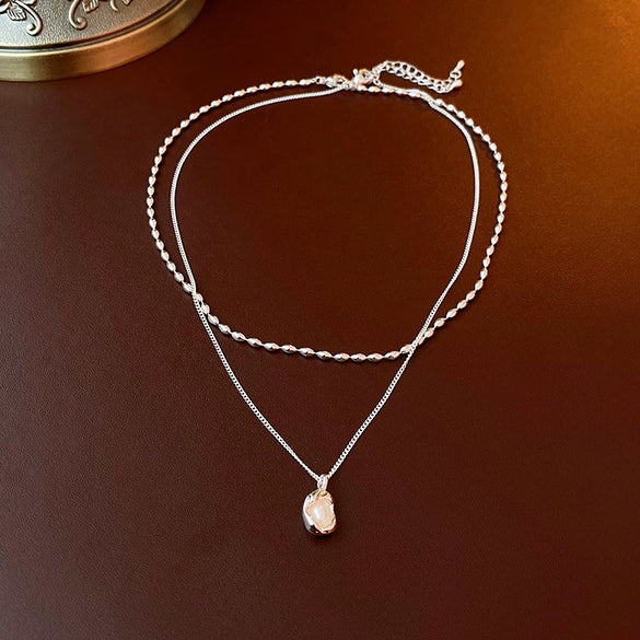 Wholesale Alloy And Copper Double Layer French Pleated Pearl Peas Clavicle Chain With Geometric Pattern And Electroplating Treatment Light Luxury Style For Women