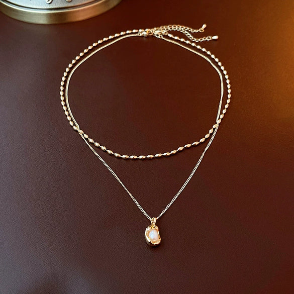 Wholesale Alloy And Copper Double Layer French Pleated Pearl Peas Clavicle Chain With Geometric Pattern And Electroplating Treatment Light Luxury Style For Women
