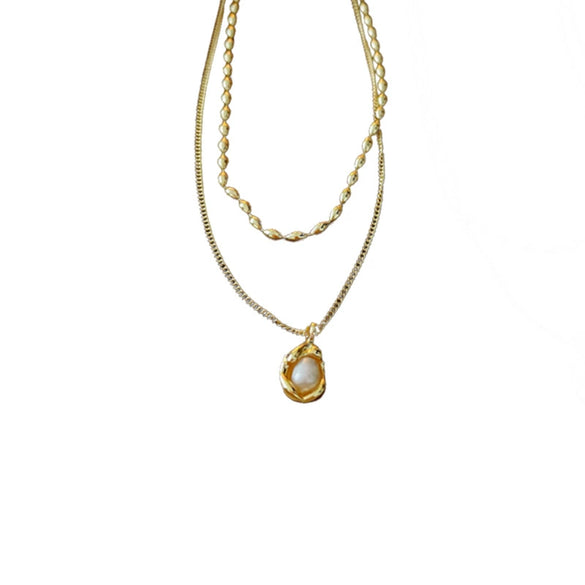 Wholesale Alloy And Copper Double Layer French Pleated Pearl Peas Clavicle Chain With Geometric Pattern And Electroplating Treatment Light Luxury Style For Women