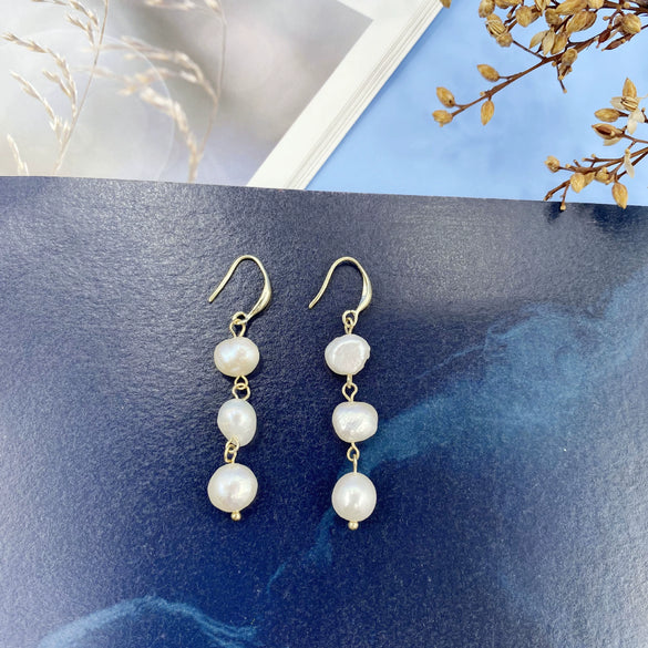 Wholesale Alloy And S925 Silver Natural Pearl Long Earrings With Geometric Pattern And Gold Electroplated For Women