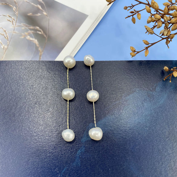 Wholesale Alloy And S925 Silver Natural Pearl Long Earrings With Geometric Pattern And Gold Electroplated For Women
