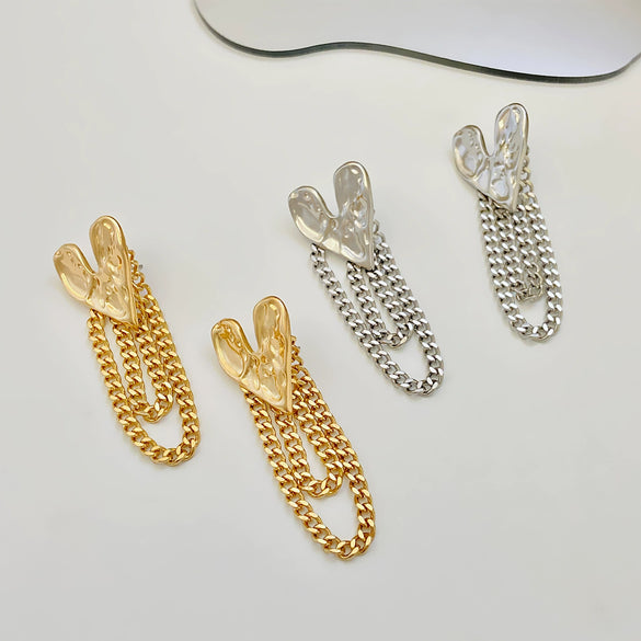 Wholesale Alloy And 925 Silver Heart Shaped Stud Earrings With Hammered And Tassel Chain Retro Style For Women