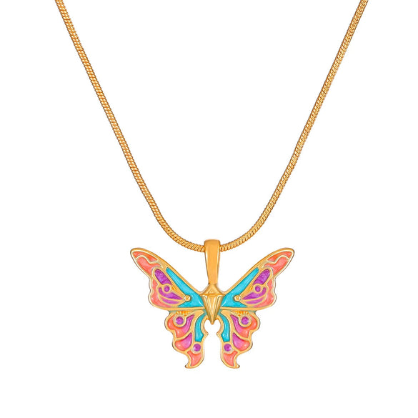 Wholesale Alloy Animal And Zodiac Pattern Butterfly Pendant Necklace With Snake Bone Chain And Electroplating