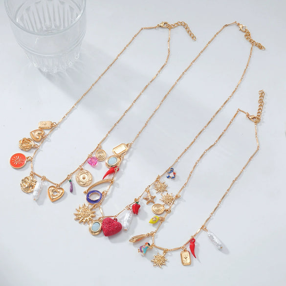 Wholesale Alloy Bamboo Chain Women's Fashion Geometric Star Multilayer Necklace With Electroplating Love Bird Charm