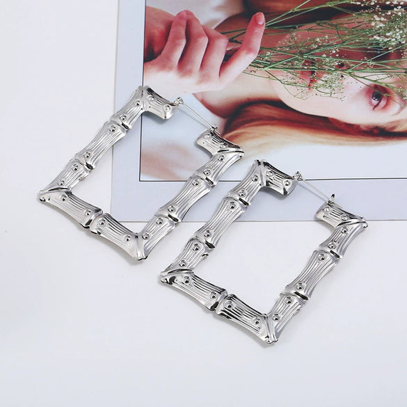 Wholesale Alloy Bamboo Rectangular Golden Circle Geometric Electroplating Women's Hip Hop Street Dance Earrings