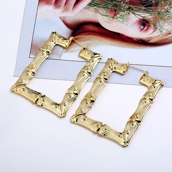 Wholesale Alloy Bamboo Rectangular Golden Circle Geometric Electroplating Women's Hip Hop Street Dance Earrings